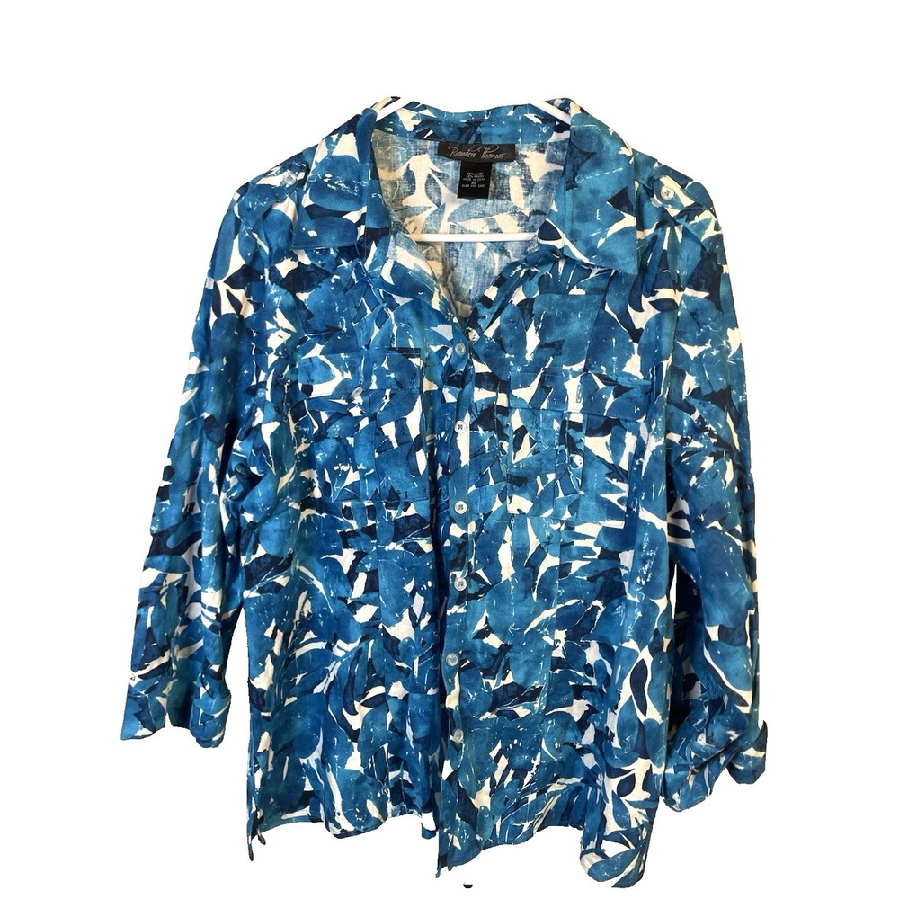 Women's Floral Button Up Linen Shirt XL Blue Brandon Thomas‎ Beachy Vacation